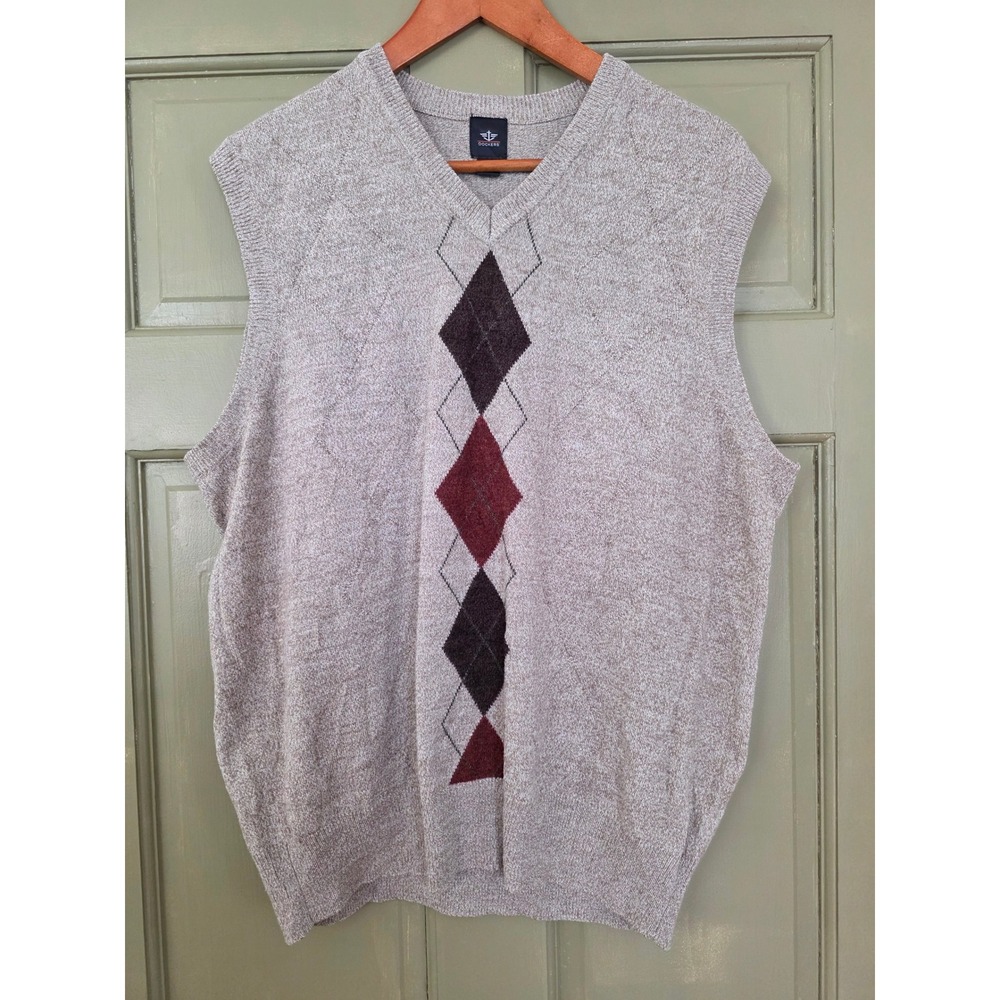 Dockers Mens Argyle Sweater Vest Tan Marl Burgundy V-Neck Size Large